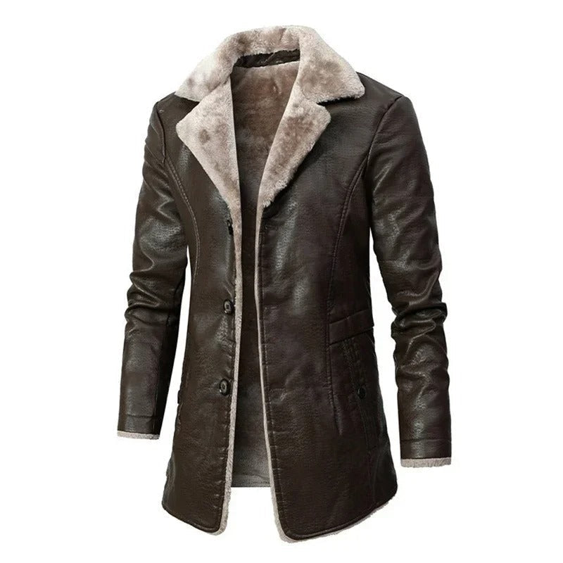 Men's long lined coat with lapel collar, button front and flap pockets