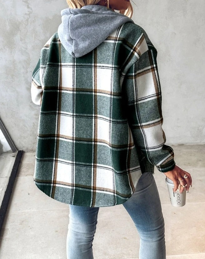 Women's checked hooded shirt jacket with button front and long sleeves