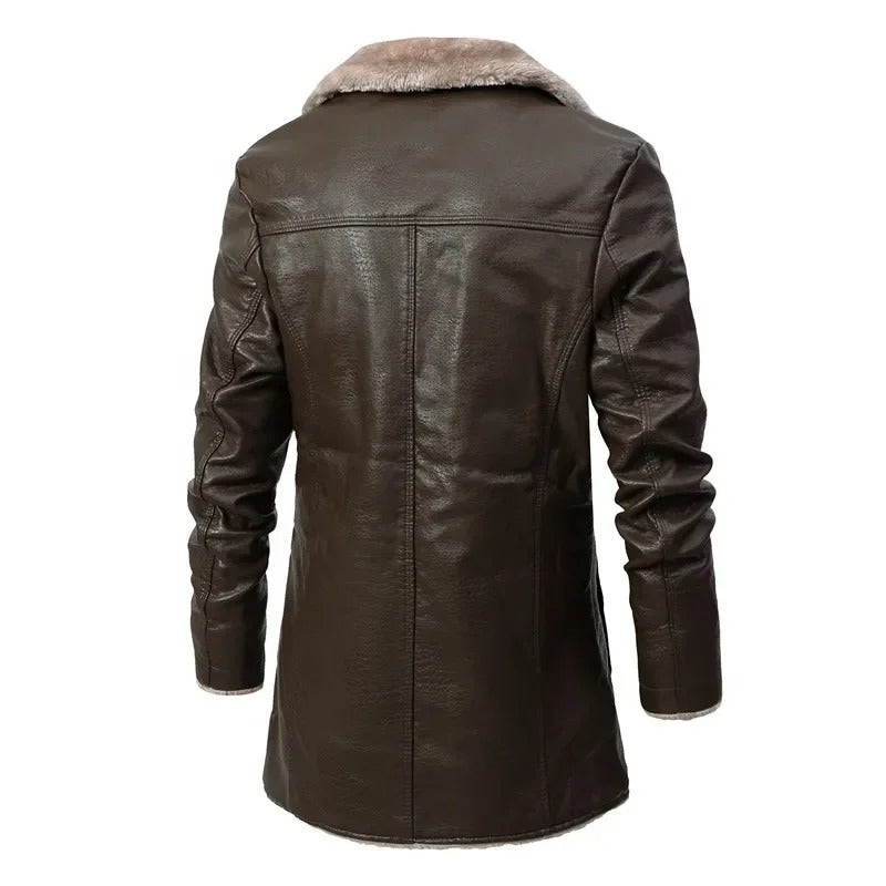Men's long lined coat with lapel collar, button front and flap pockets