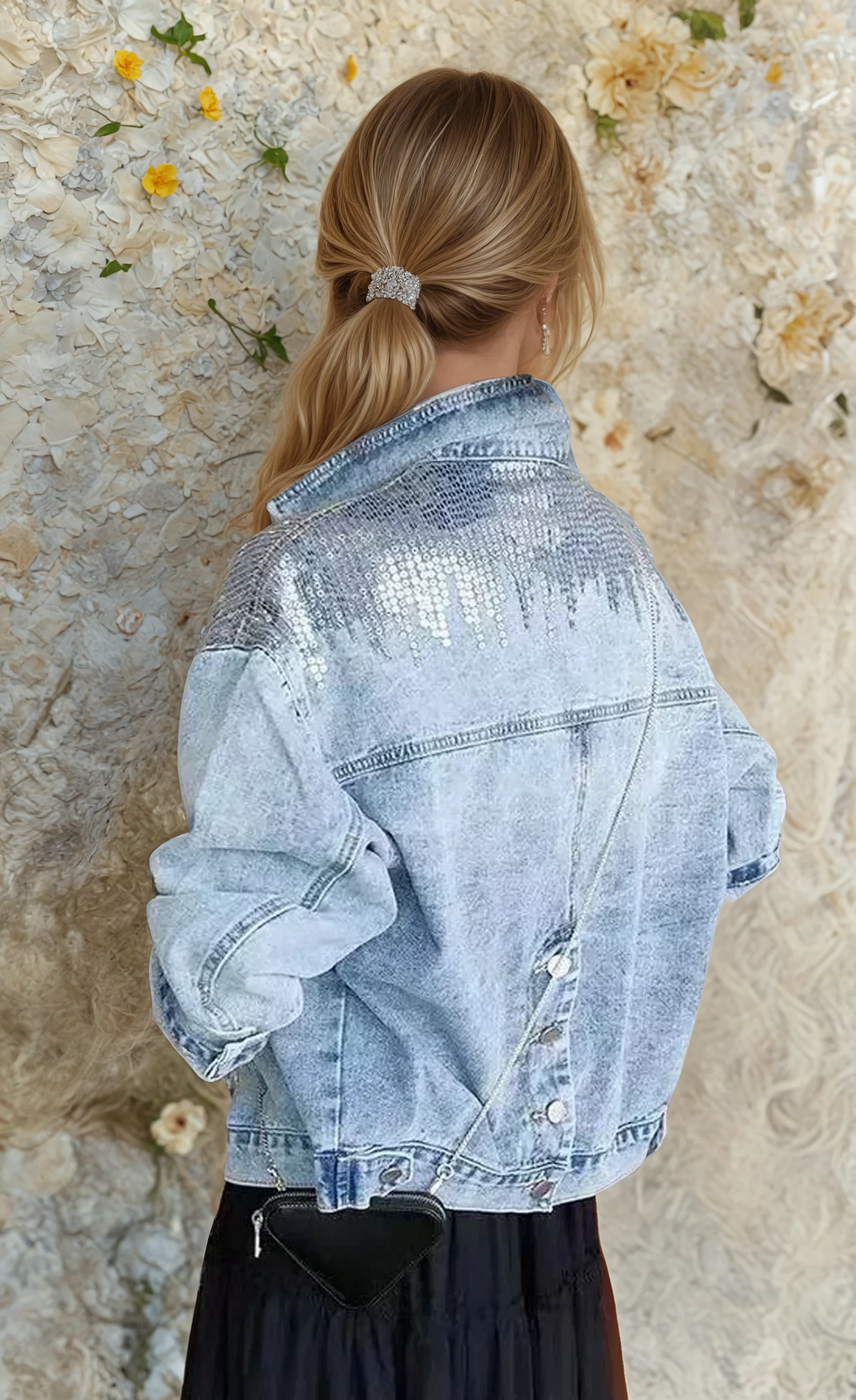 Women's light blue cropped denim jacket with sequin detailing and stand collar