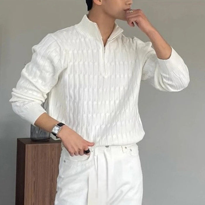 Unisex ribbed half-zip sweater with mock neck and long sleeves