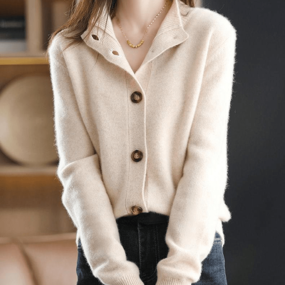 Women's button front cardigan with ribbed mock neckline and long sleeves
