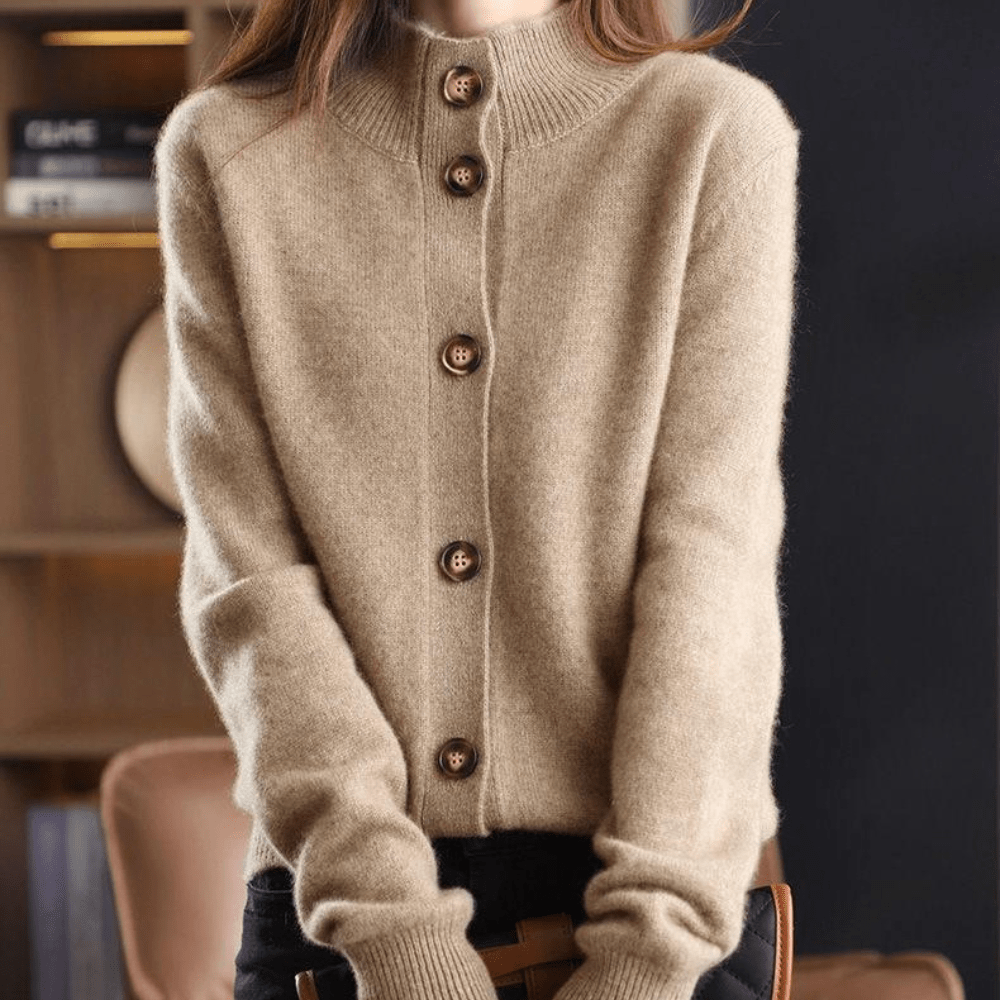 Women's button front cardigan with ribbed mock neckline and long sleeves