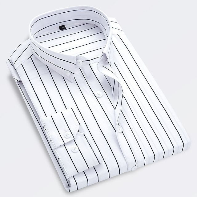 Men's striped long-sleeved button-down shirt with collared neckline
