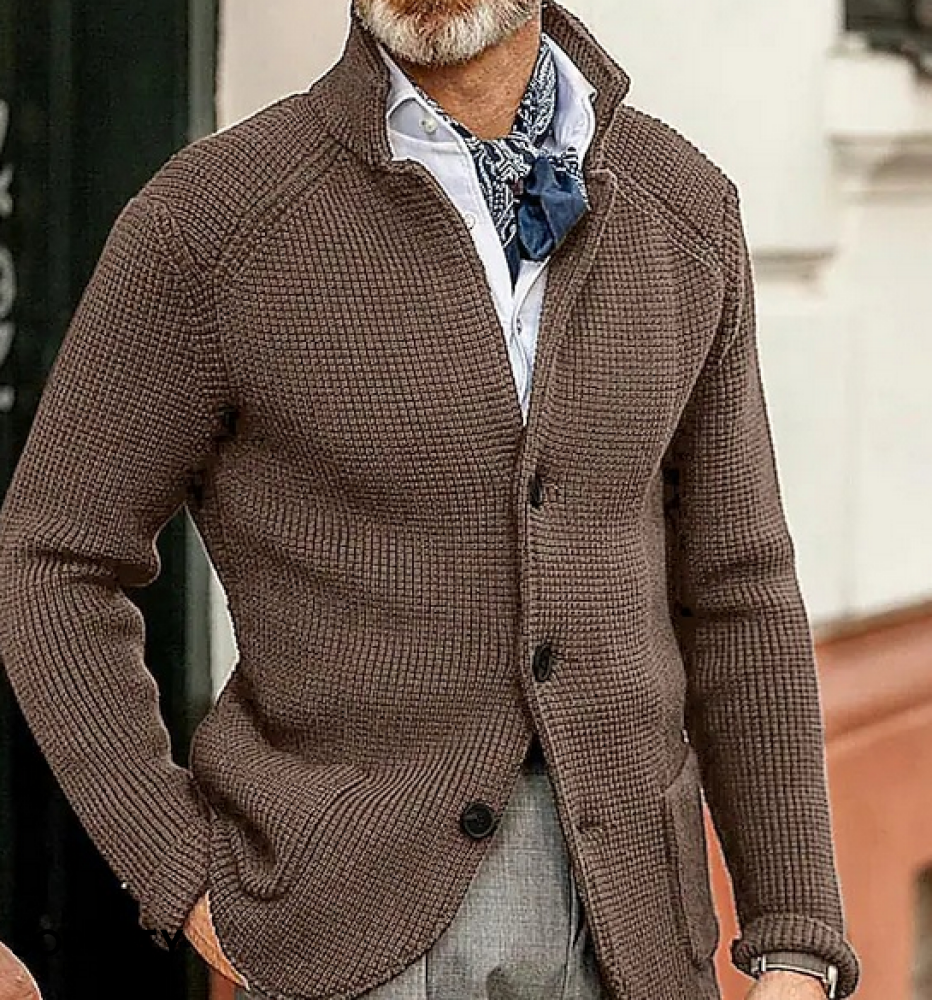 Men's textured button-front blazer with stand collar and long sleeves