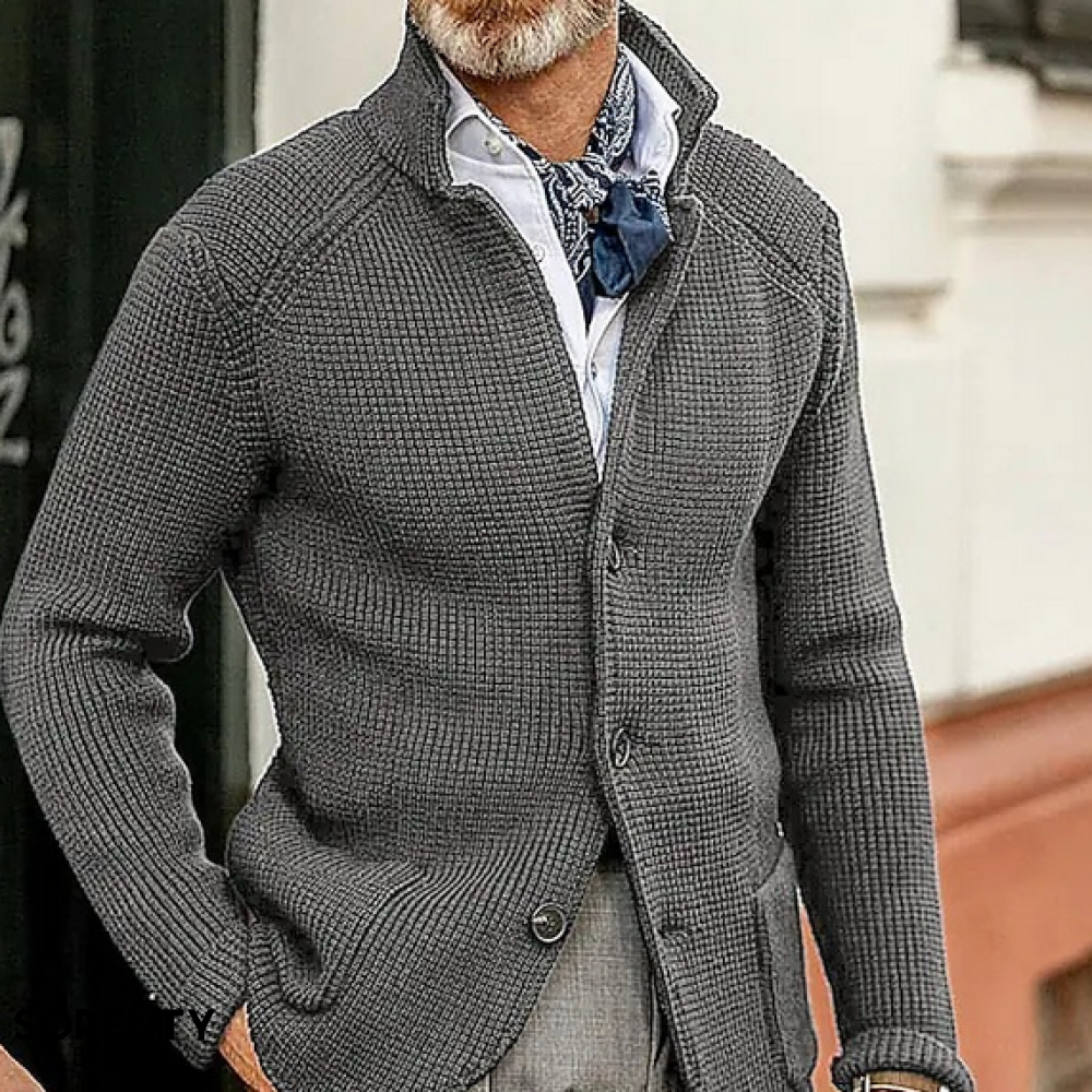 Men's textured button-front blazer with stand collar and long sleeves