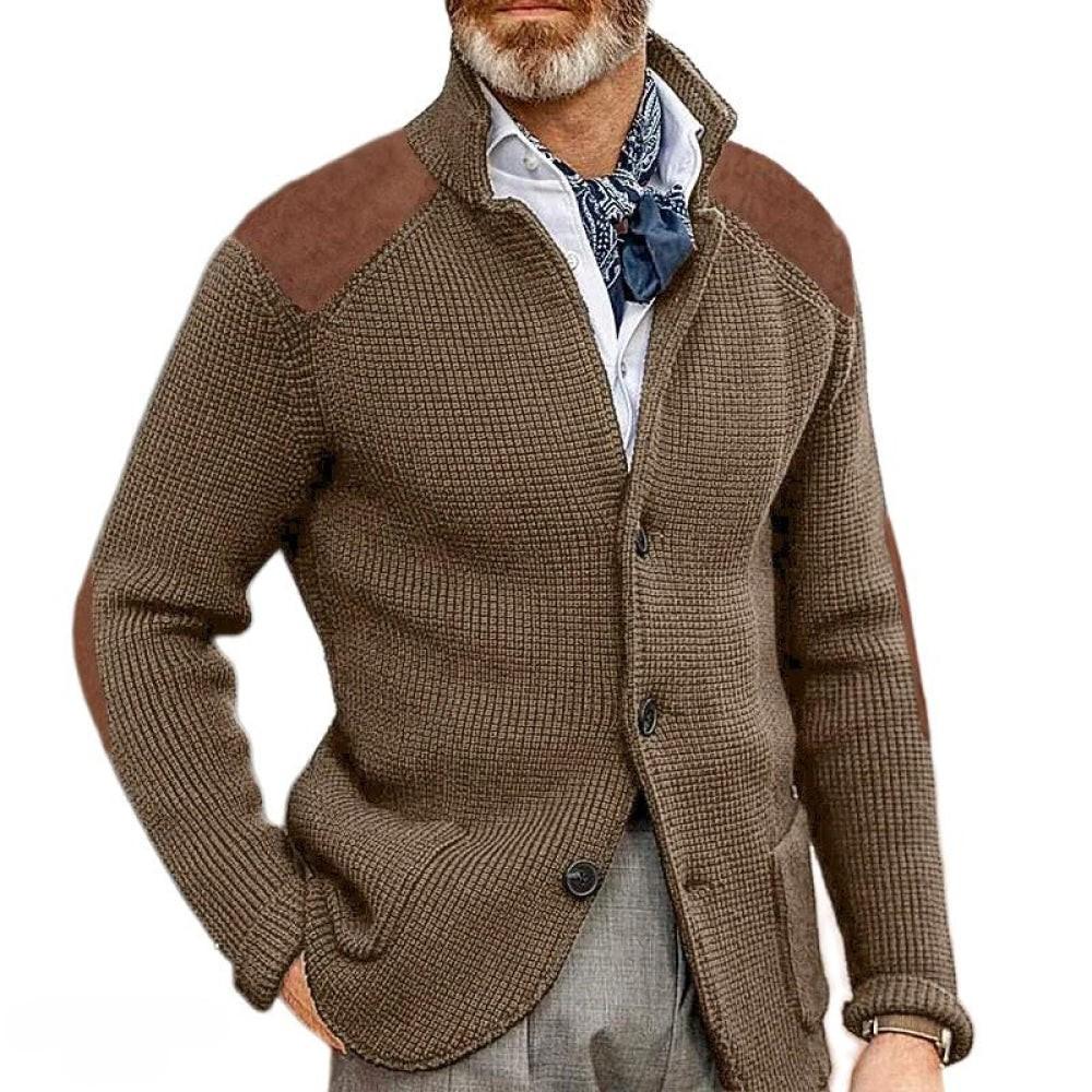 Men's textured button-front blazer with stand collar and long sleeves