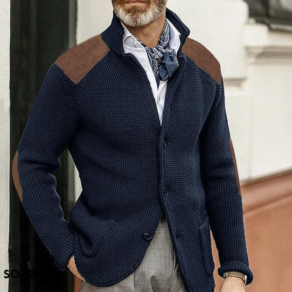 Men's textured button-front blazer with stand collar and long sleeves