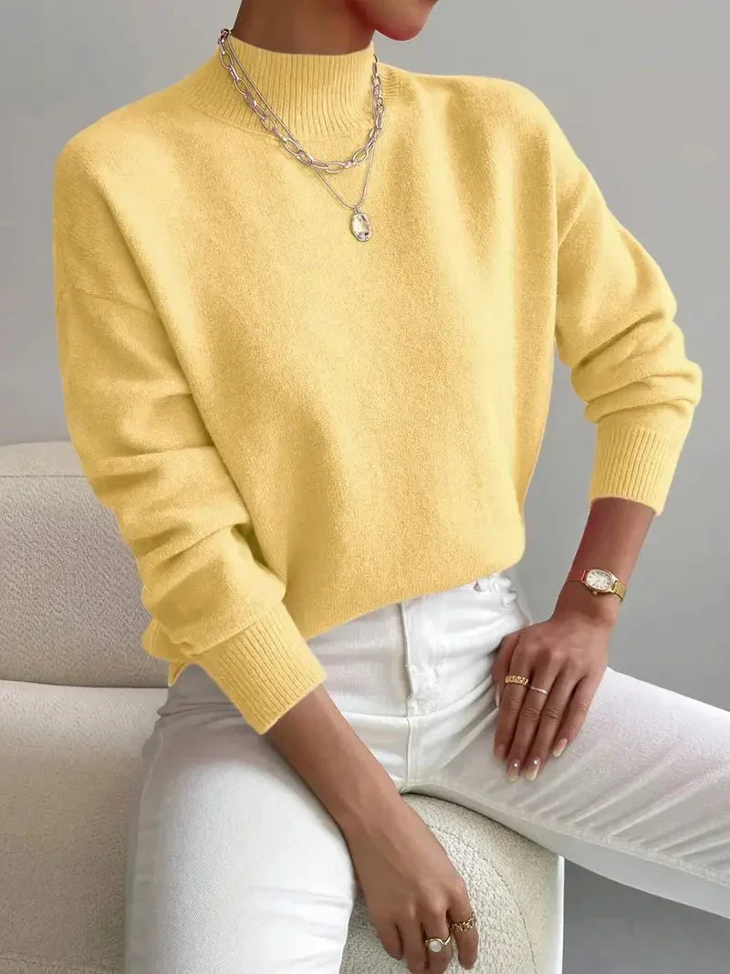 Women's long-sleeve mock neck sweater with ribbed trims