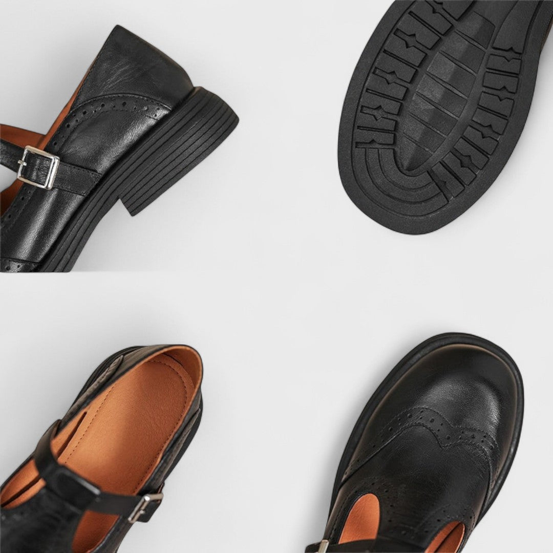 Women's Mary Jane shoes with brogue detailing, buckle straps and low block heels