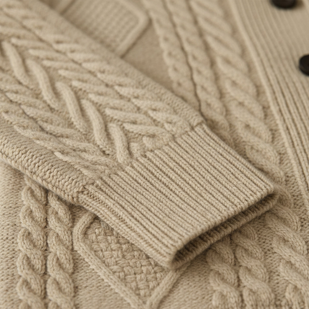 Men's textured cable knit cardigan with shawl collar, buttons and front pockets