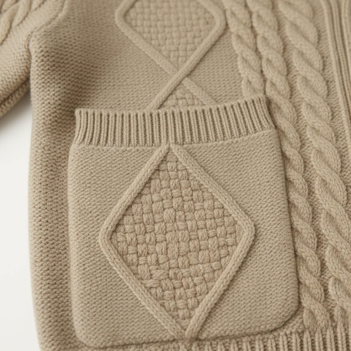 Men's textured cable knit cardigan with shawl collar, buttons and front pockets