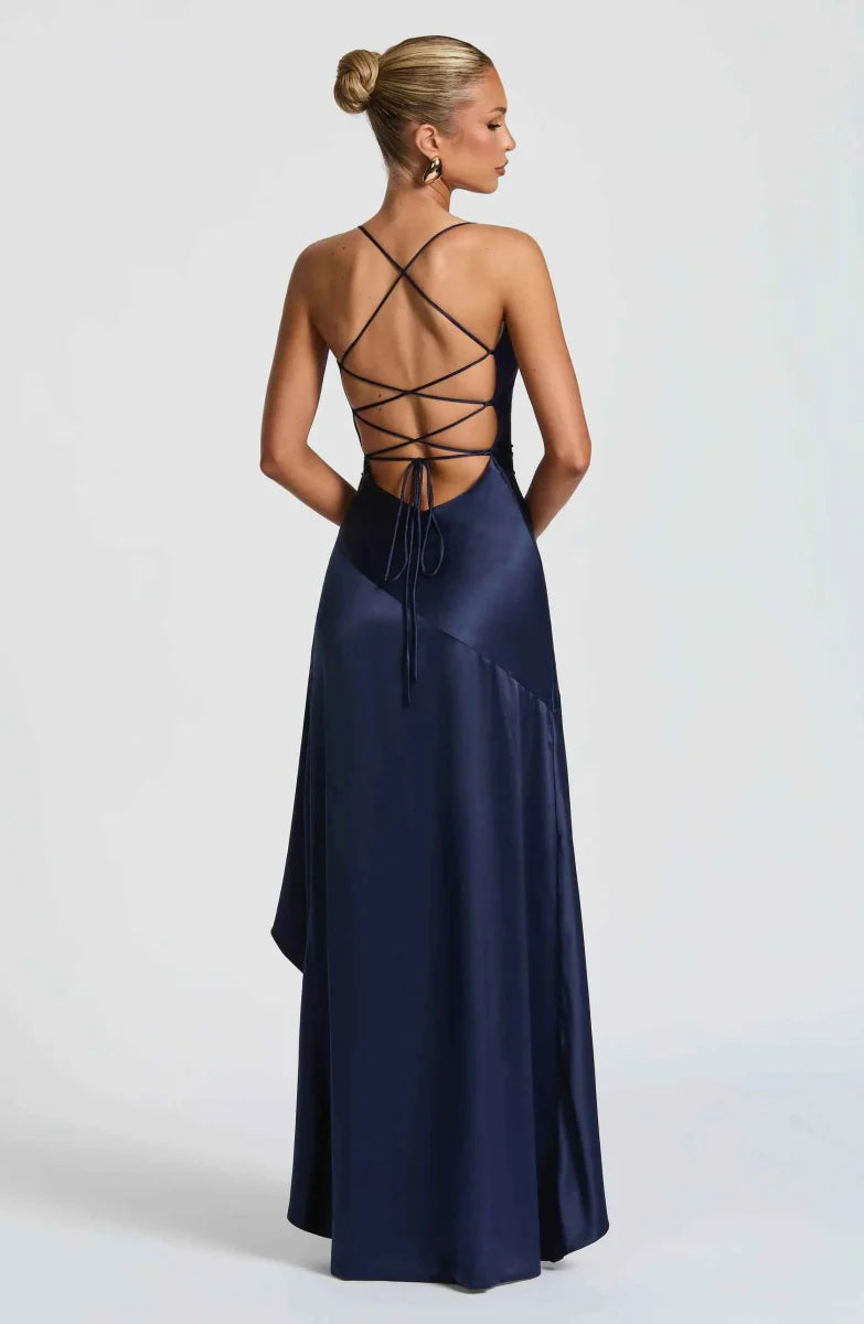 Women’s Cross-Back Ruffle Maxi Dress | High Split Evening Gown
