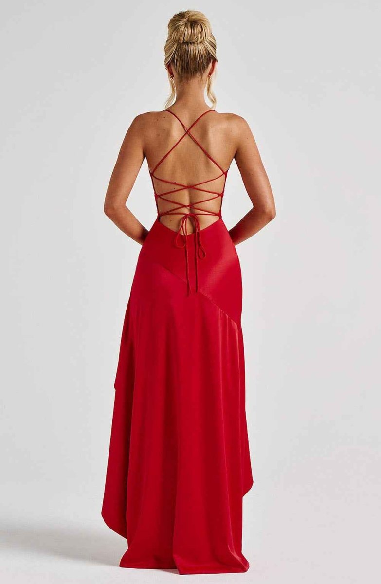 Women’s Cross-Back Ruffle Maxi Dress | High Split Evening Gown