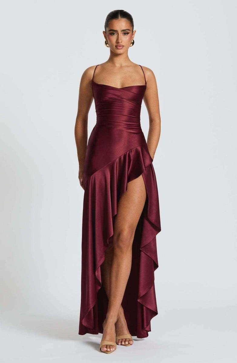 Women’s Cross-Back Ruffle Maxi Dress | High Split Evening Gown