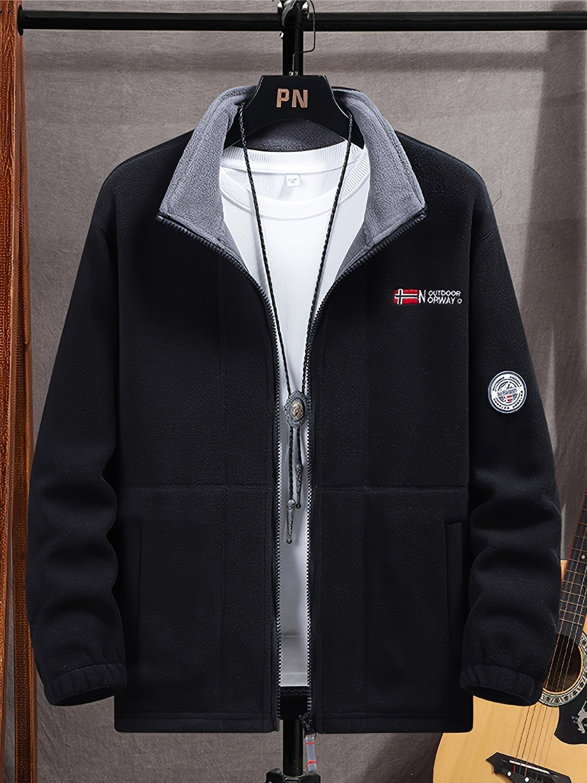 Men's full-zip jacket with stand collar, contrast lining and front pockets