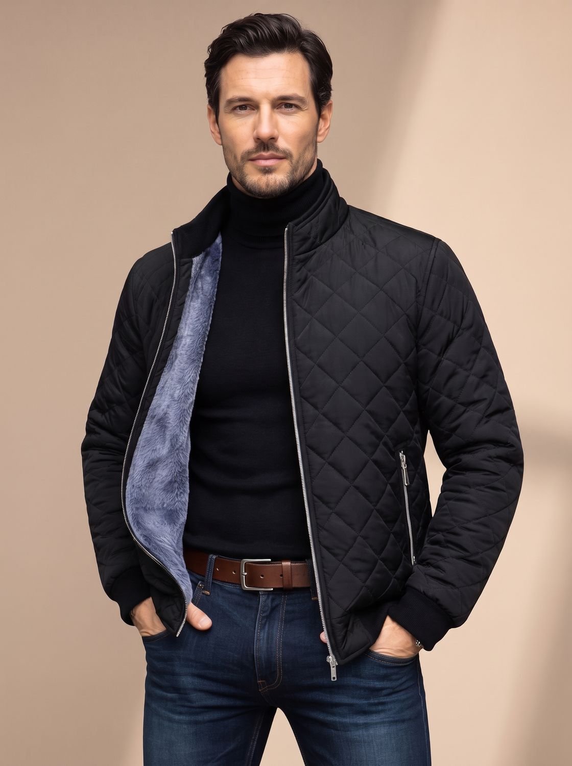Men's diamond quilted jacket with stand collar, full zip and fleece-like lining