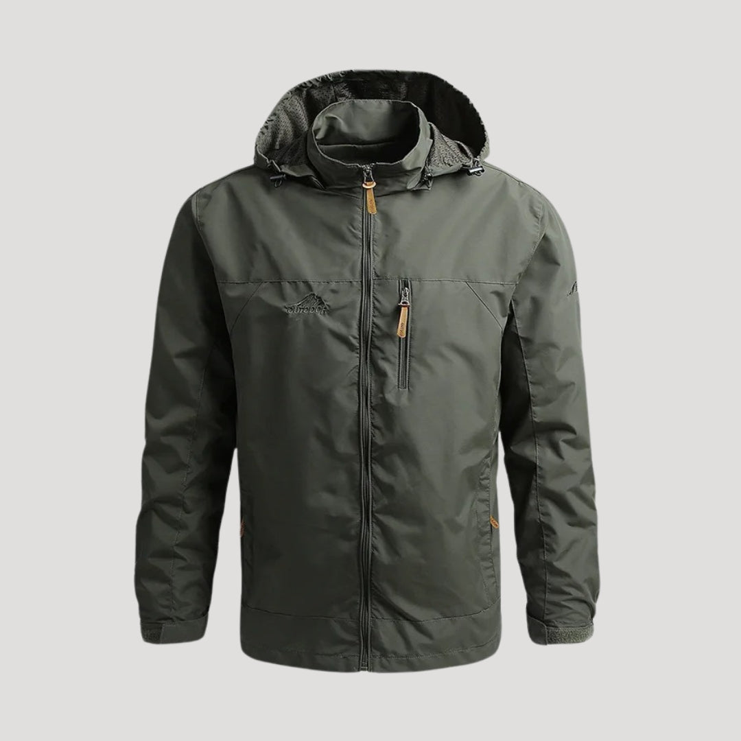 Men's hooded full-zip windbreaker jacket with long sleeves and zipped pockets