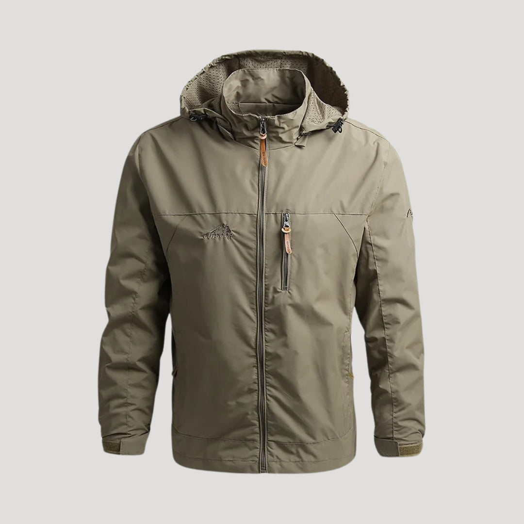 Men's hooded full-zip windbreaker jacket with long sleeves and zipped pockets