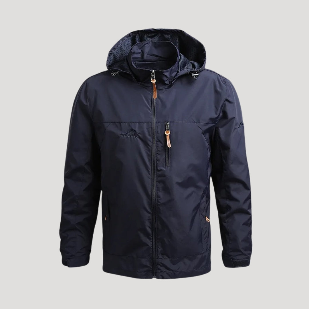 Men's hooded full-zip windbreaker jacket with long sleeves and zipped pockets
