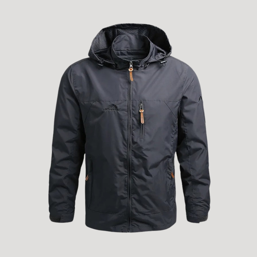Men's hooded full-zip windbreaker jacket with long sleeves and zipped pockets