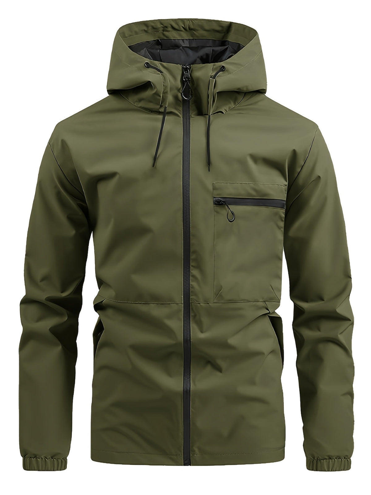 Men's hooded zip front windbreaker jacket with chest pocket and elastic cuffs