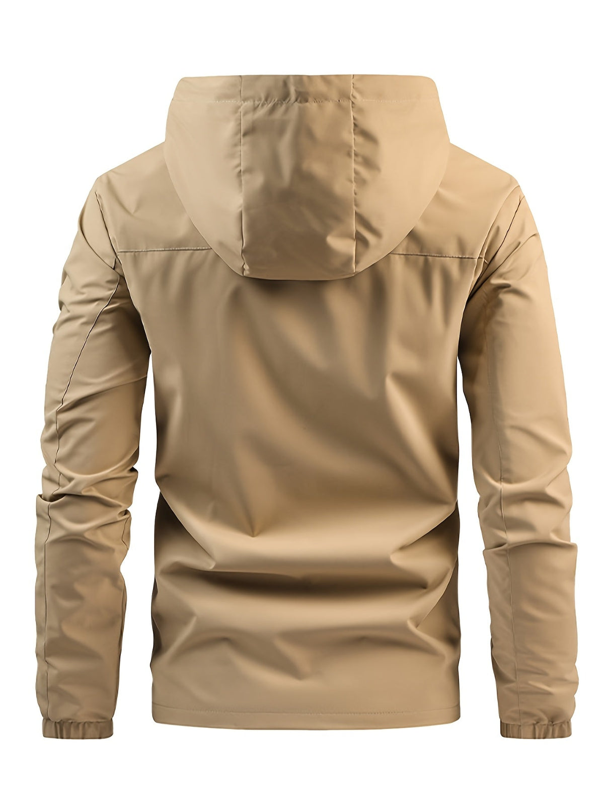 Men's hooded zip front windbreaker jacket with chest pocket and elastic cuffs