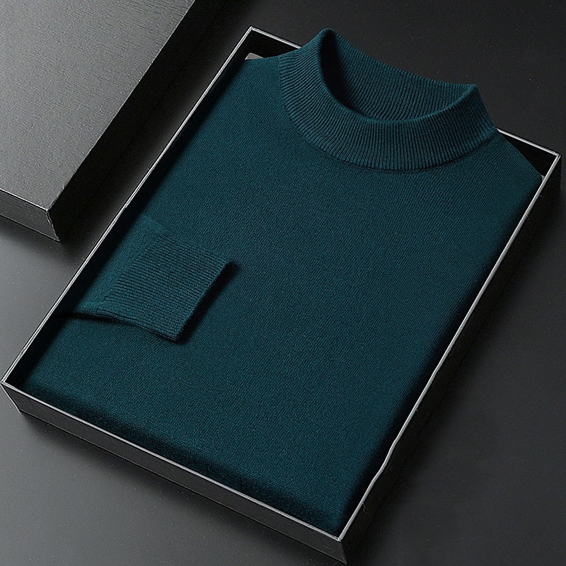 Men's plain knitted mock neck jumper with long sleeves and ribbed trims
