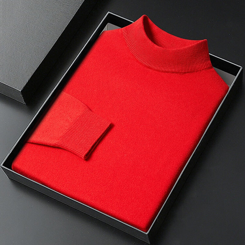 Men's plain knitted mock neck jumper with long sleeves and ribbed trims