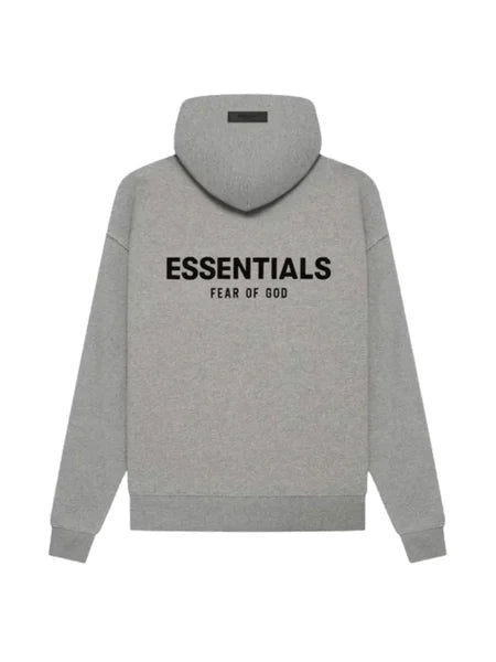 Men's oversized pullover hoodie with hood, long sleeves and Essentials Fear of God text graphic