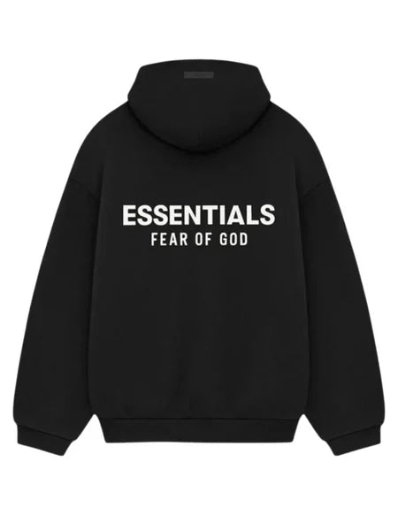 Men's oversized pullover hoodie with hood, long sleeves and Essentials Fear of God text graphic