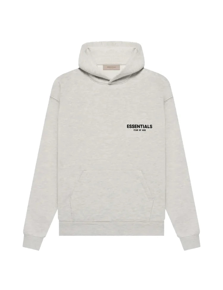 Men's oversized pullover hoodie with hood, long sleeves and Essentials Fear of God text graphic