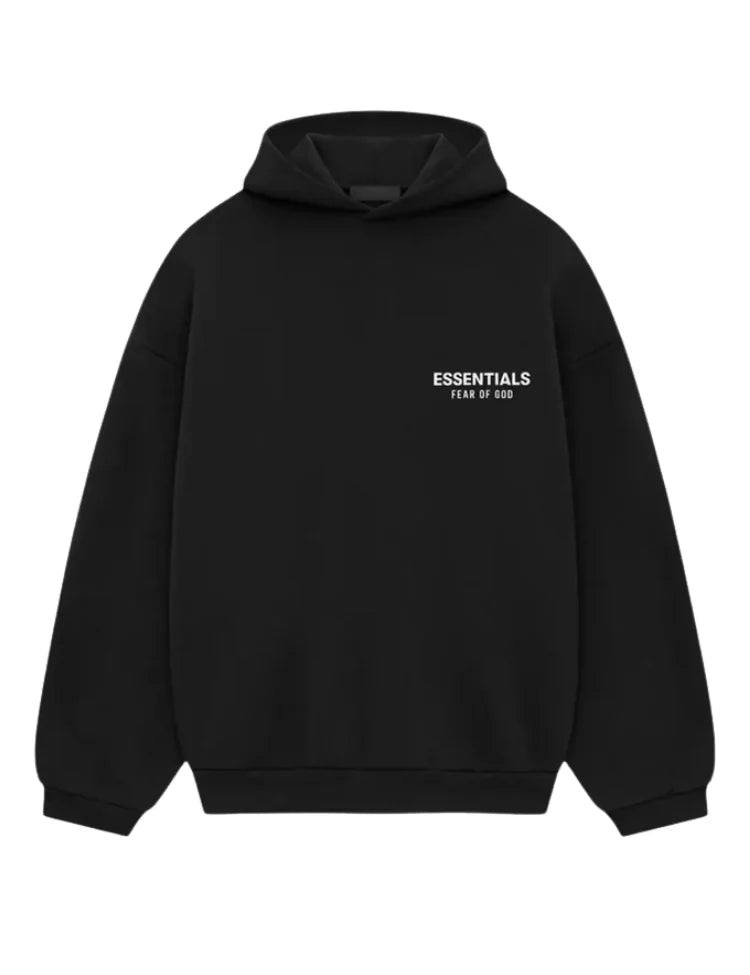 Men's oversized pullover hoodie with hood, long sleeves and Essentials Fear of God text graphic
