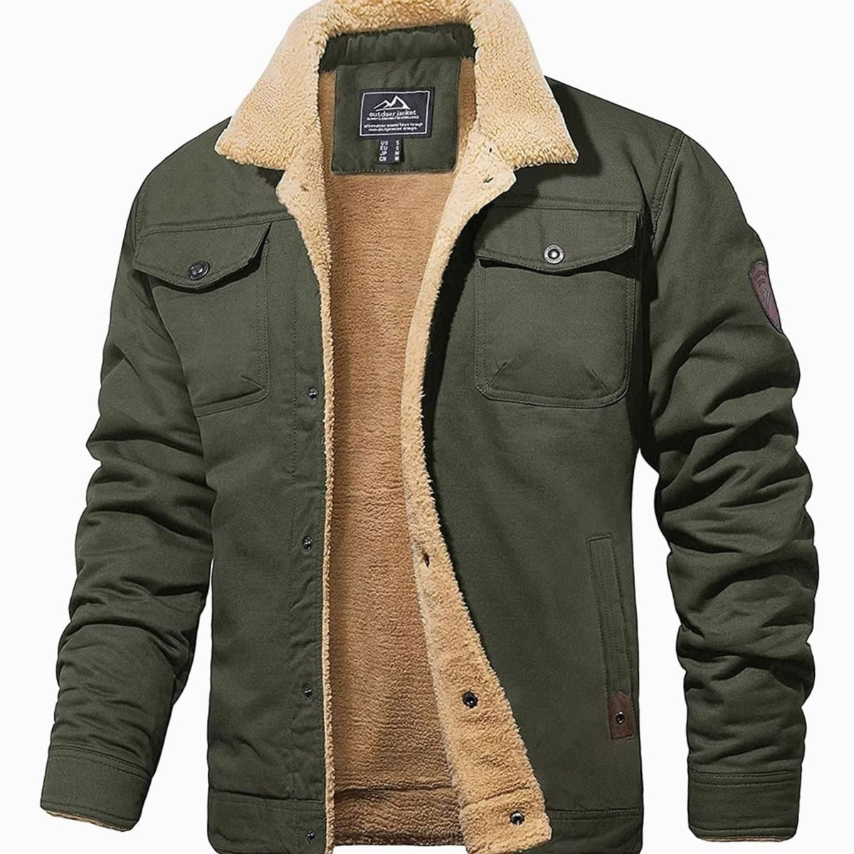 Men's sherpa lined trucker jacket with pointed collar, long sleeves, snap front and multiple pockets