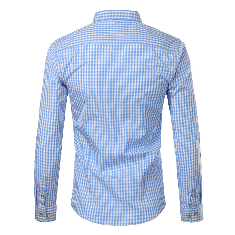 Men's slim fit checked button-down shirt with long sleeves and curved hem