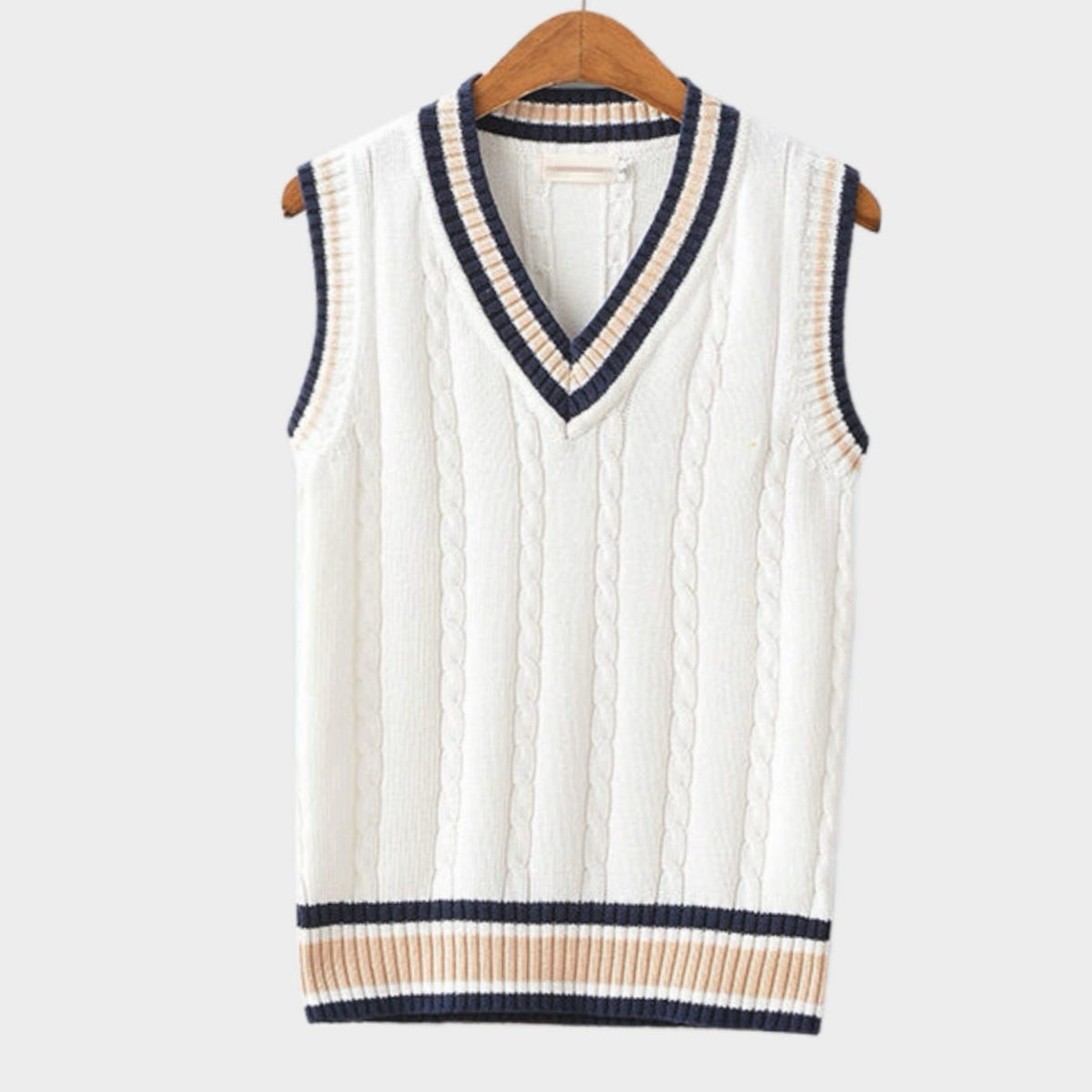 Women's sleeveless cable-knit sweater vest with striped V-neck and hem