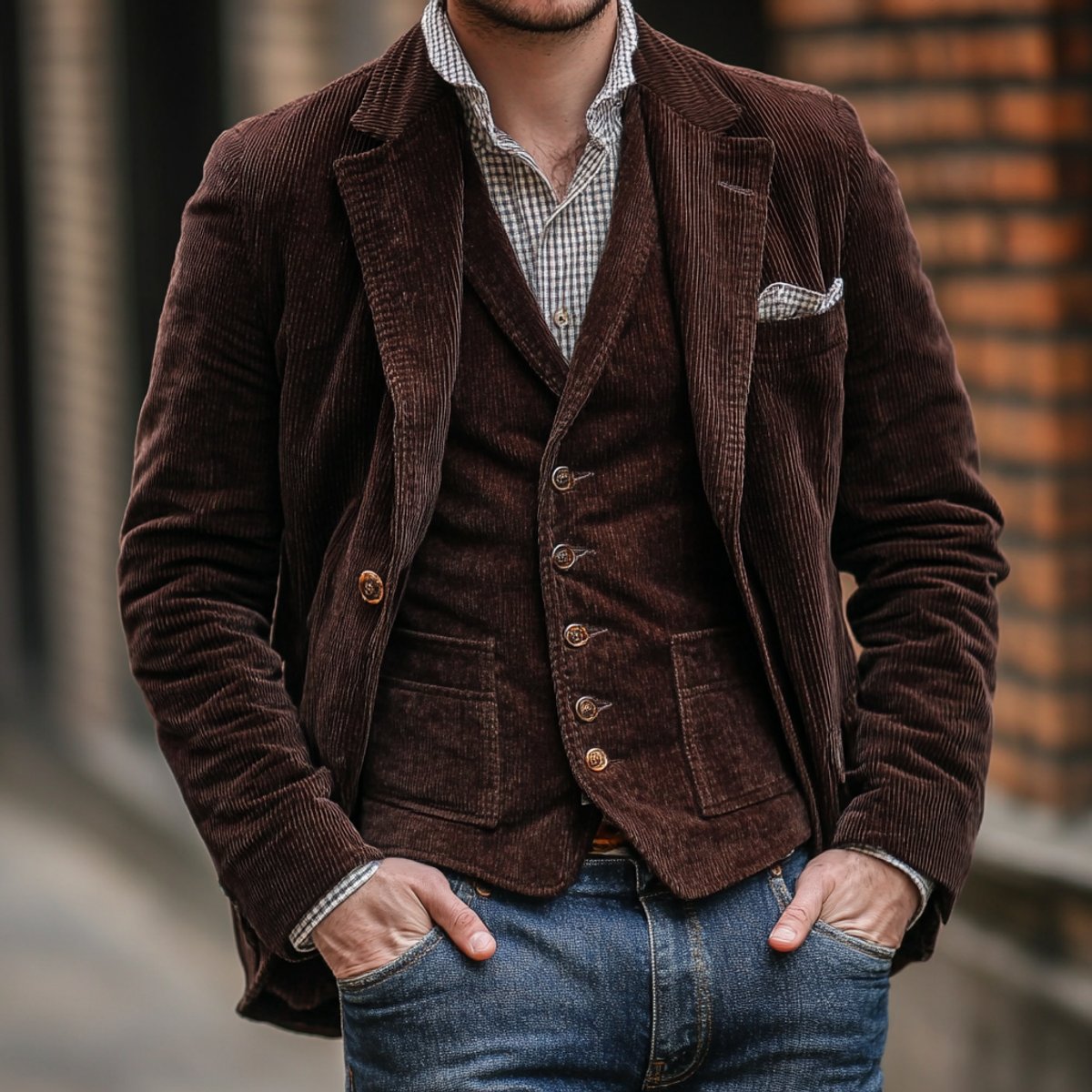 Men's corduroy blazer and waistcoat set with notch lapels and button fastenings