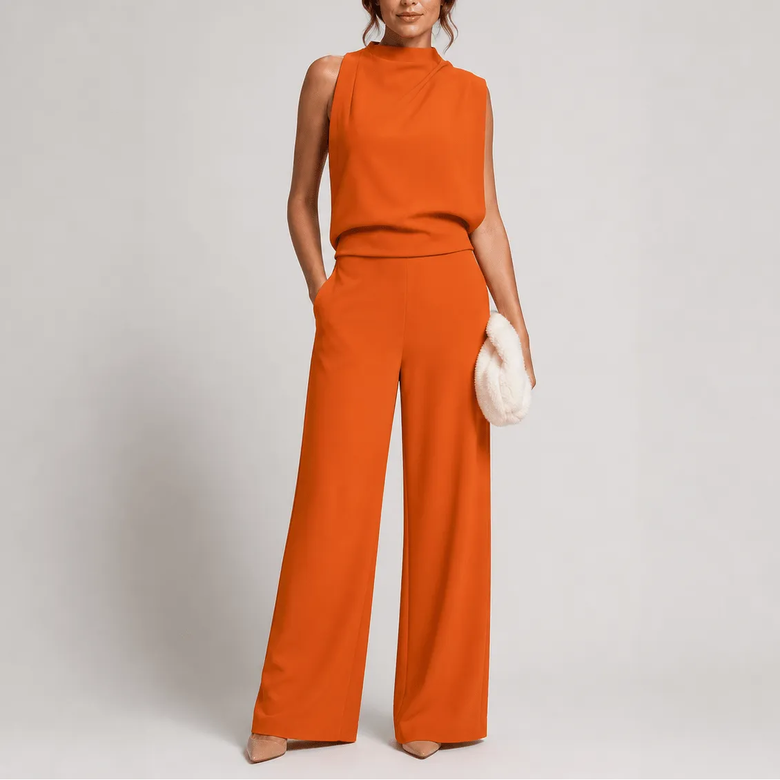 Women's sleeveless high-neck wide-leg jumpsuit with side pockets