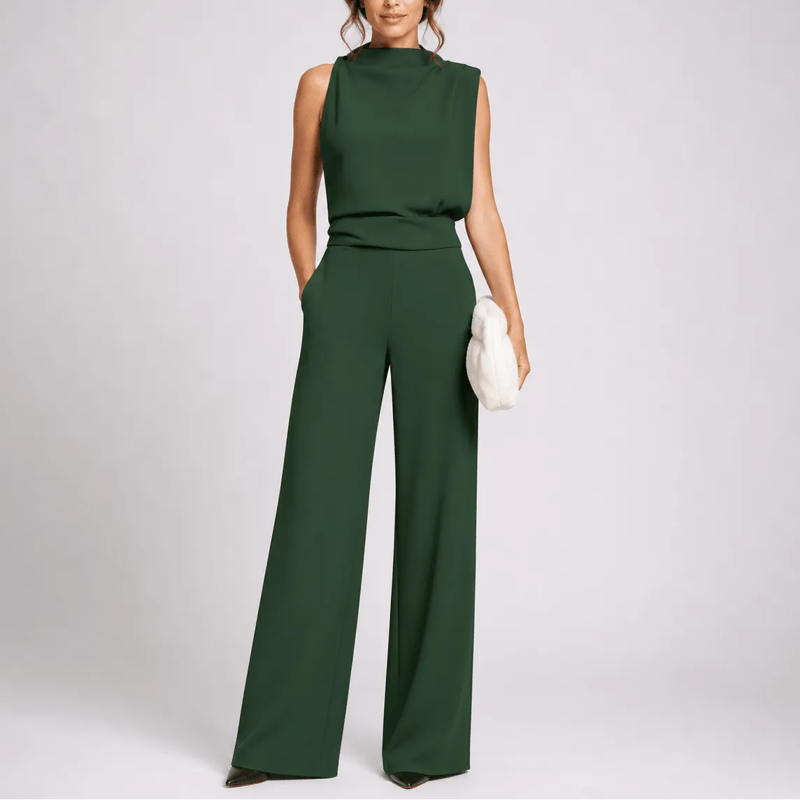 Women's sleeveless high-neck wide-leg jumpsuit with side pockets