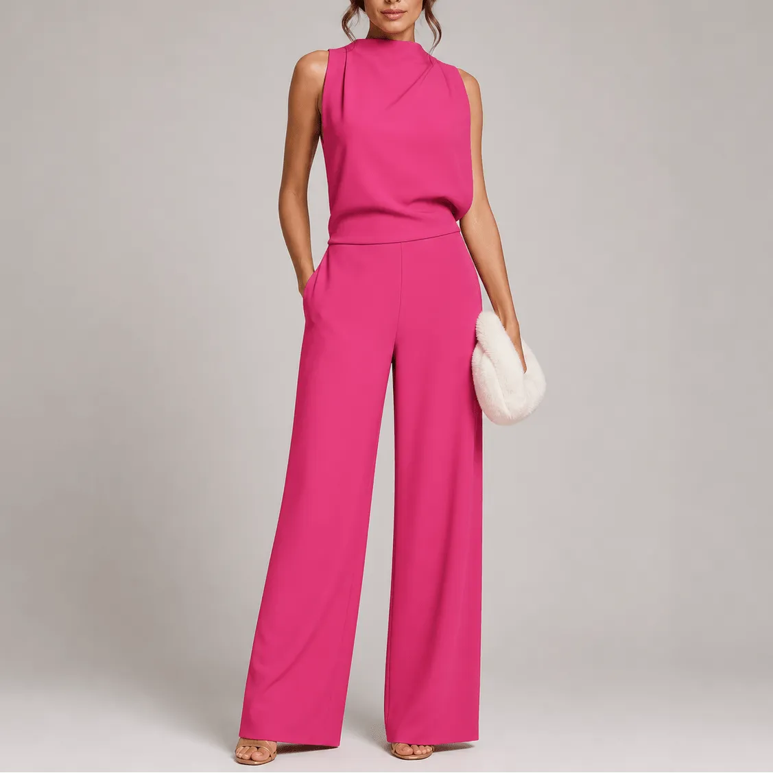 Women's sleeveless high-neck wide-leg jumpsuit with side pockets
