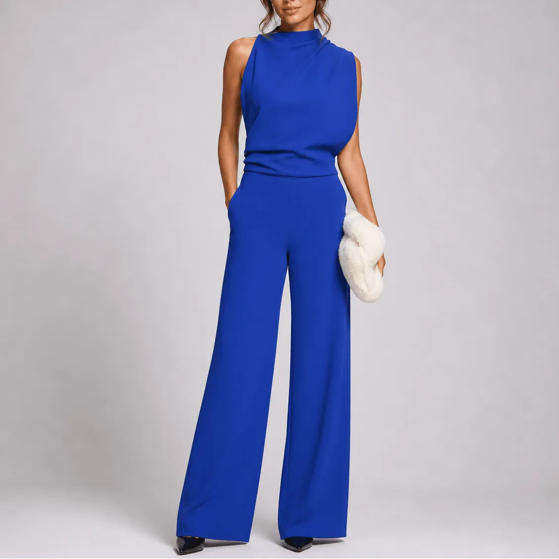 Women's sleeveless high-neck wide-leg jumpsuit with side pockets