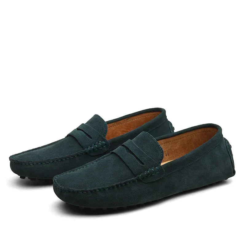 Men's moccasin driving loafers with stitched toes and vamp straps