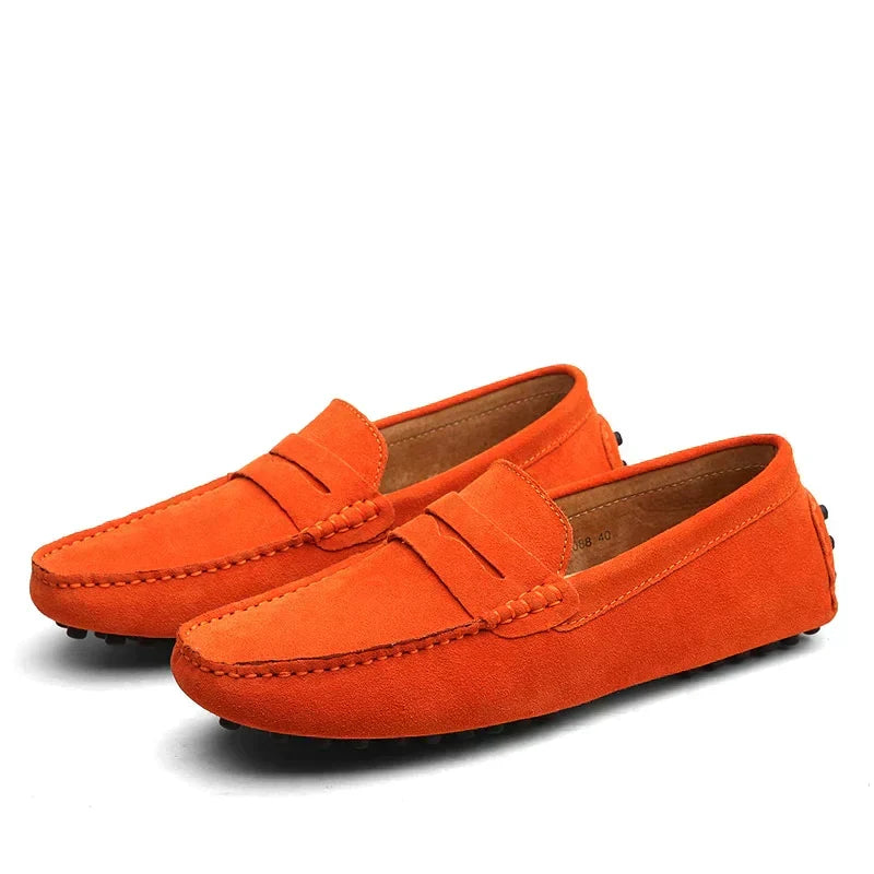 Men's moccasin driving loafers with stitched toes and vamp straps