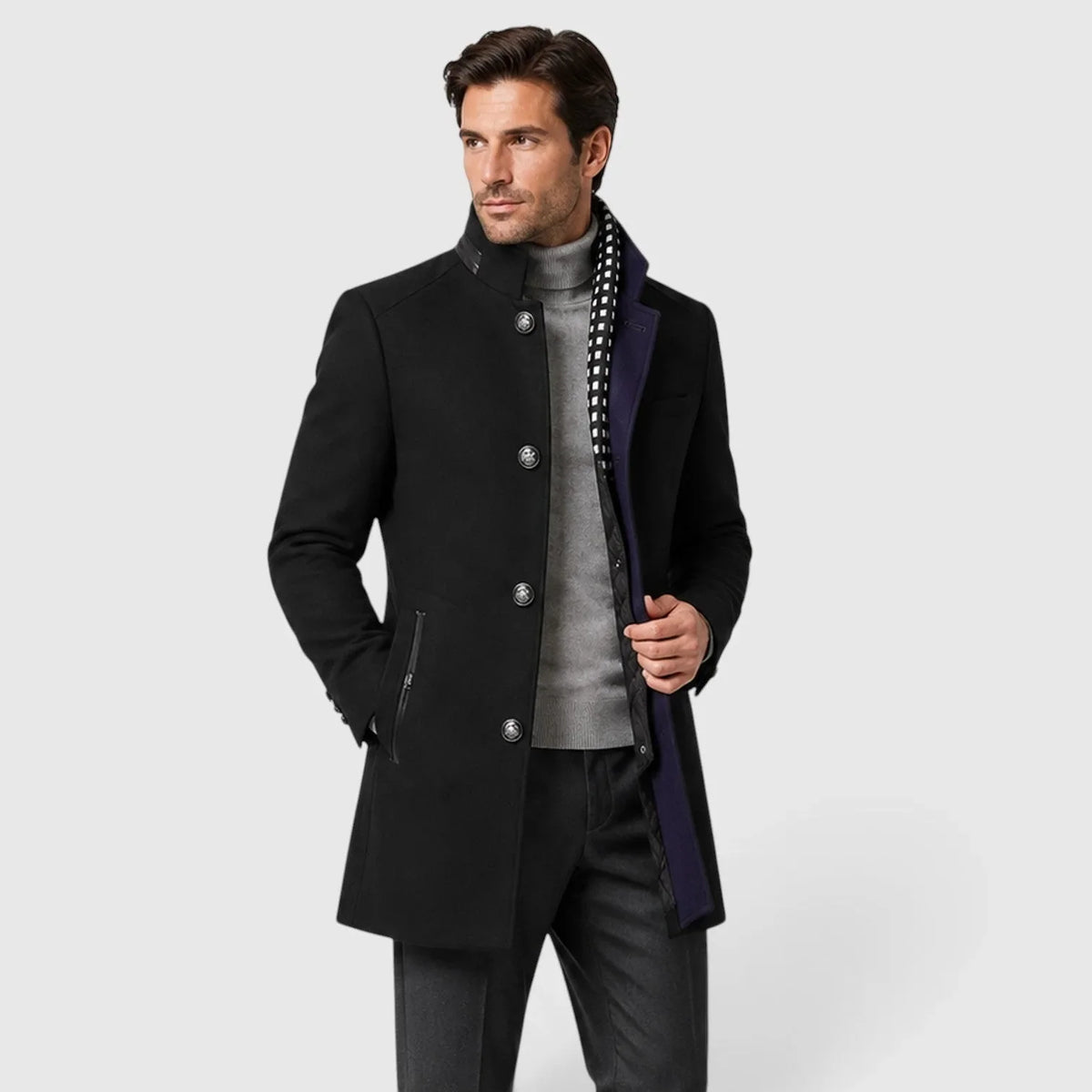 Men's long textured trench coat with stand collar and button fastening