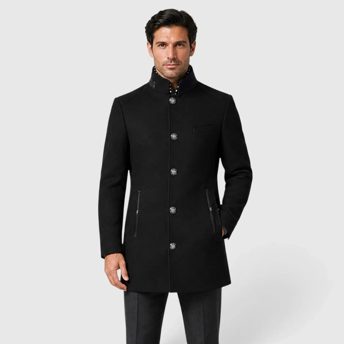Men's long textured trench coat with stand collar and button fastening