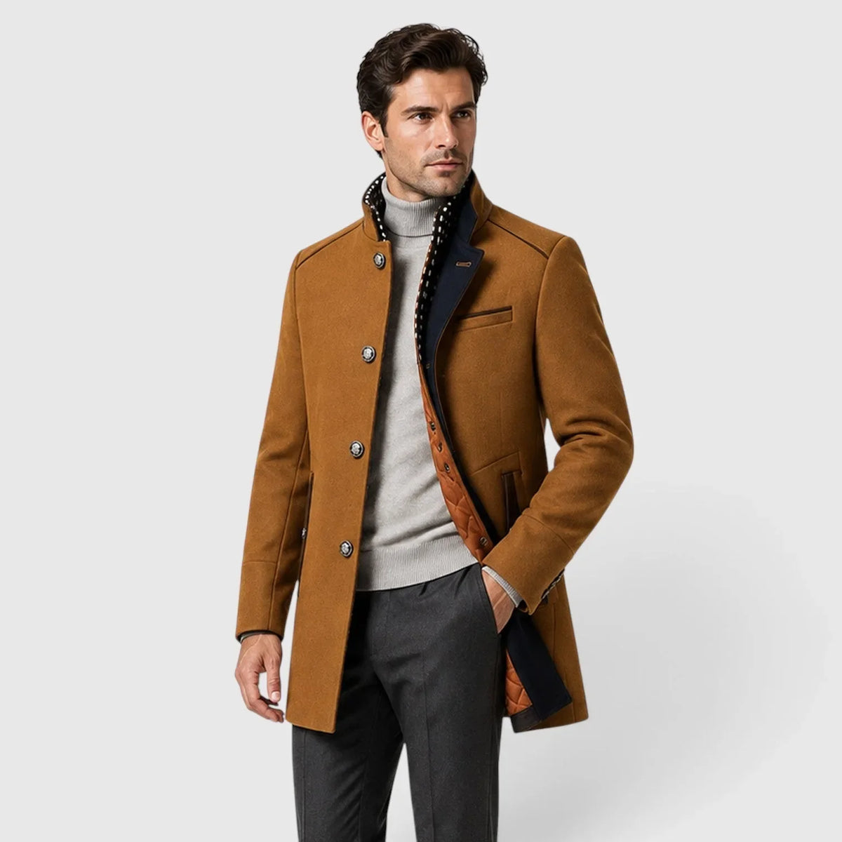 Men's long textured trench coat with stand collar and button fastening