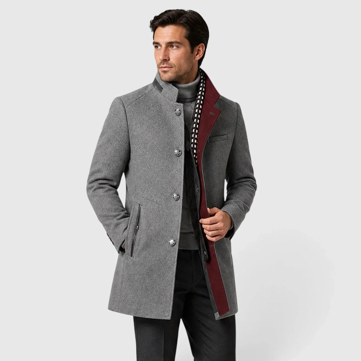 Men's long textured trench coat with stand collar and button fastening