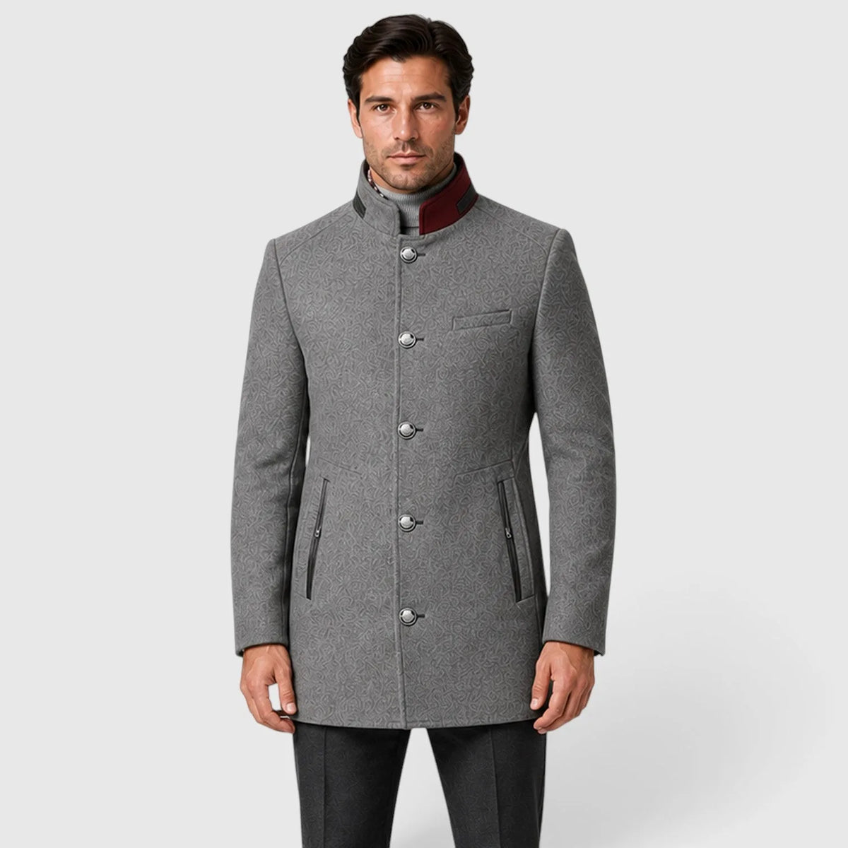 Men's long textured trench coat with stand collar and button fastening