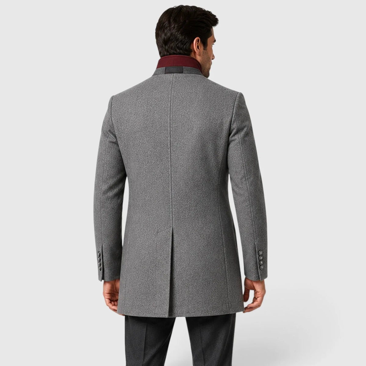 Men's long textured trench coat with stand collar and button fastening