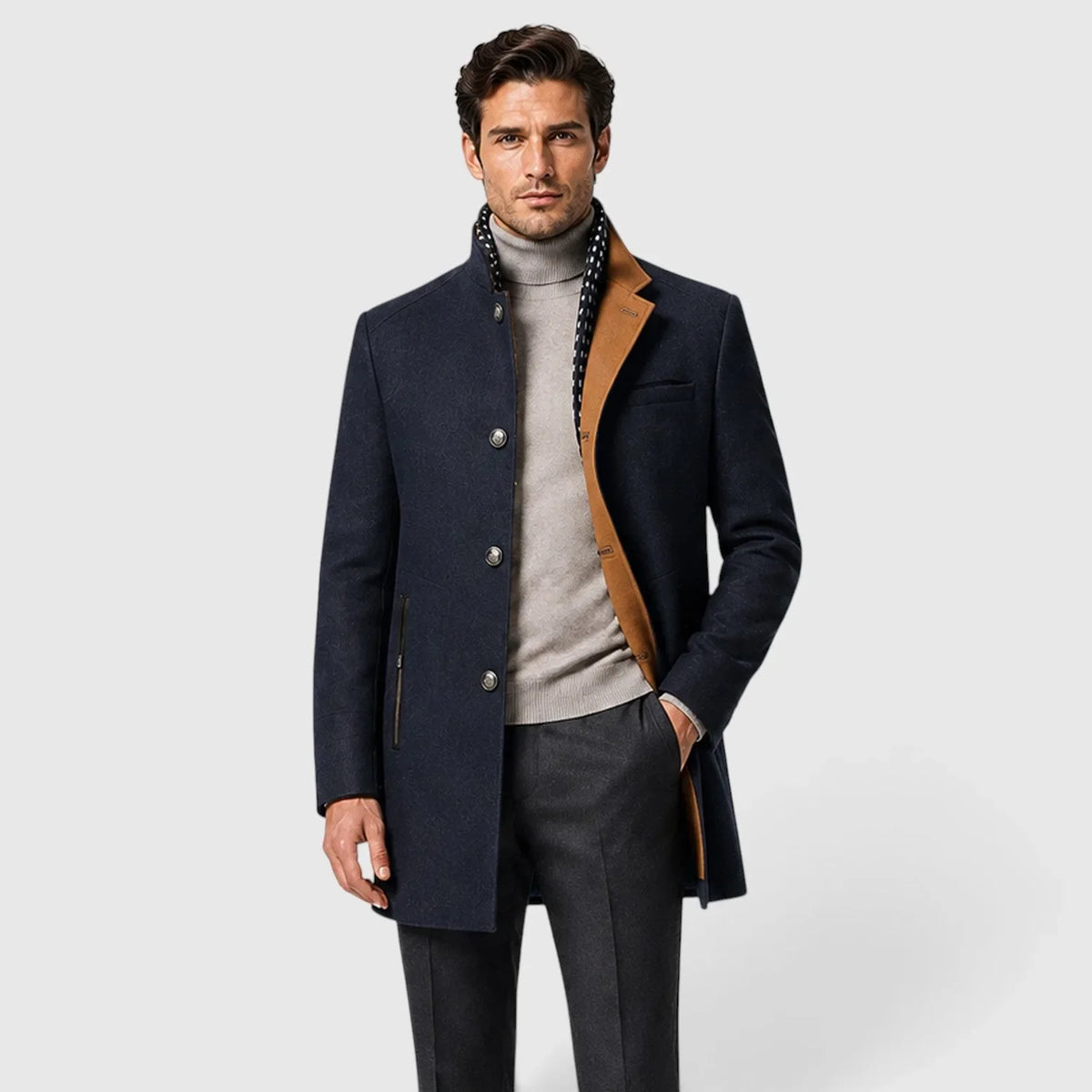 Men's long textured trench coat with stand collar and button fastening
